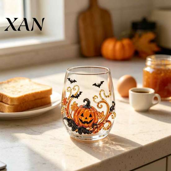 Festive Beverage Cups Halloween Glass Tumbler, Embossed Pumpkin Ghost Cat Bat Drinking Glass, Kitchen Counter Decor Spooky Stemless Cups, Seasonal
