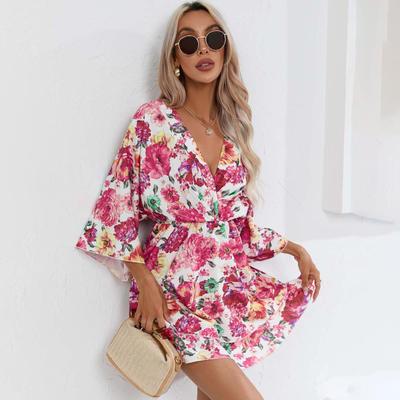 Robe d'été à lacets pour femmes, imprimé ethnique, manches courtes, taille haute, ligne A