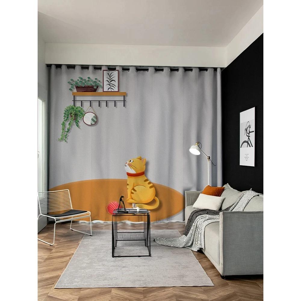 Cartoon Adorable Cat Print Pattern High Shading Drape Children's Bedroom Space Window Opening Drape Hook Top Ring New A Variety of Styles 2 Panels4