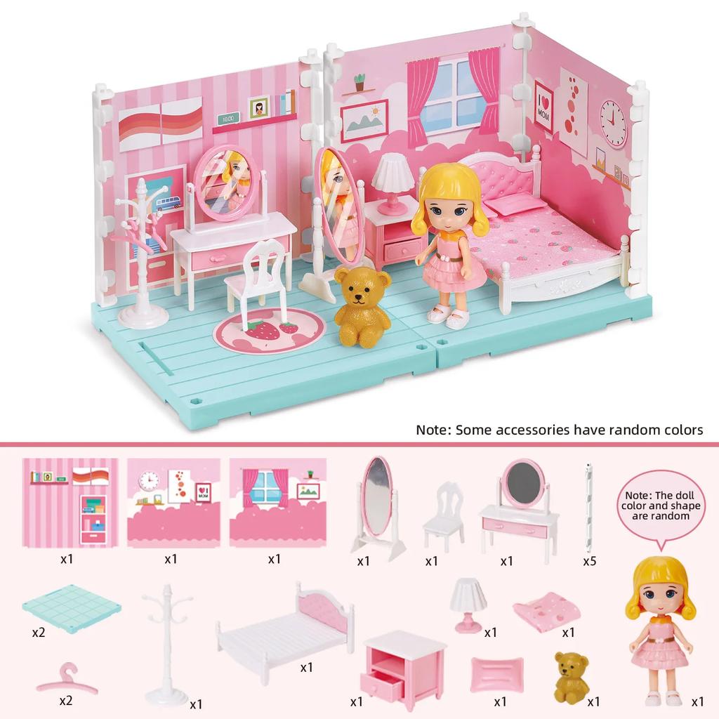 Miniatures House Kit Girls Toys Doll House Mini Room Simulated Bedroom Bathroom Kitchen Study Furniture Play House Toys for Kids