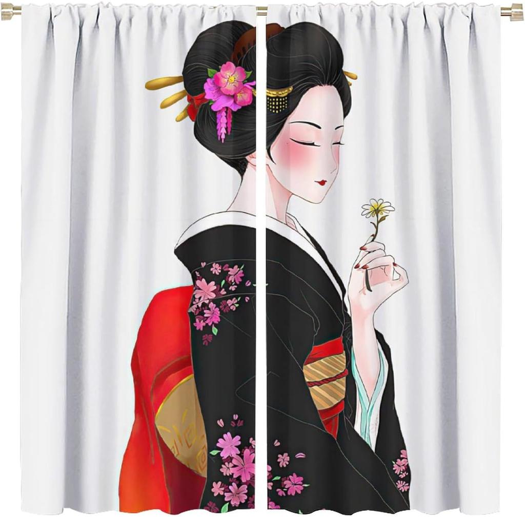 Japanese Geisha Theme Room Blackout Curtain, Asian Art Cartoon Geisha Room Bedroom Decorative Curtain Cherry Oriental, Girl Pers