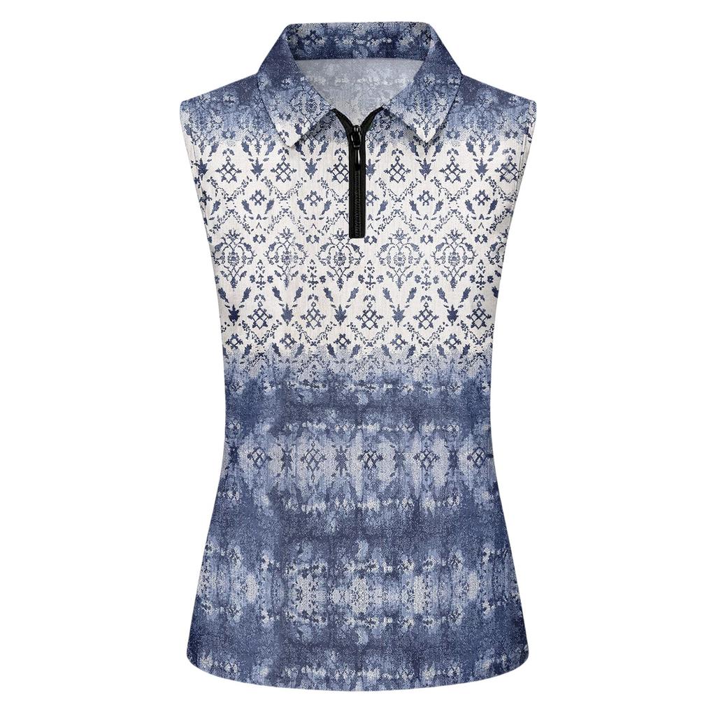 Sleeveless Golf Shirt for Women Zip Front Polo Collar Printed Athletic Vest Lightweight Breathable Sport Top
