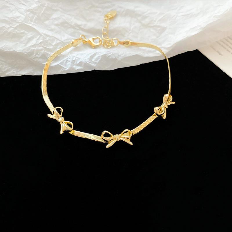 Stainless Steel Punk Flat Snake Chain Necklace Vintage Creative Bow Bracelet Women's Aesthetic Banquet Y2K Elegent Jewelry Set