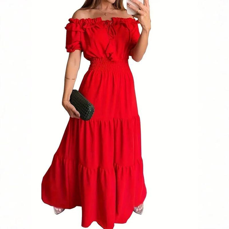 2025 European and American New Fashion Solid Lace-up Frill off-Shoulder Collar Puff sleeve Dress Short sleeve Women clothes