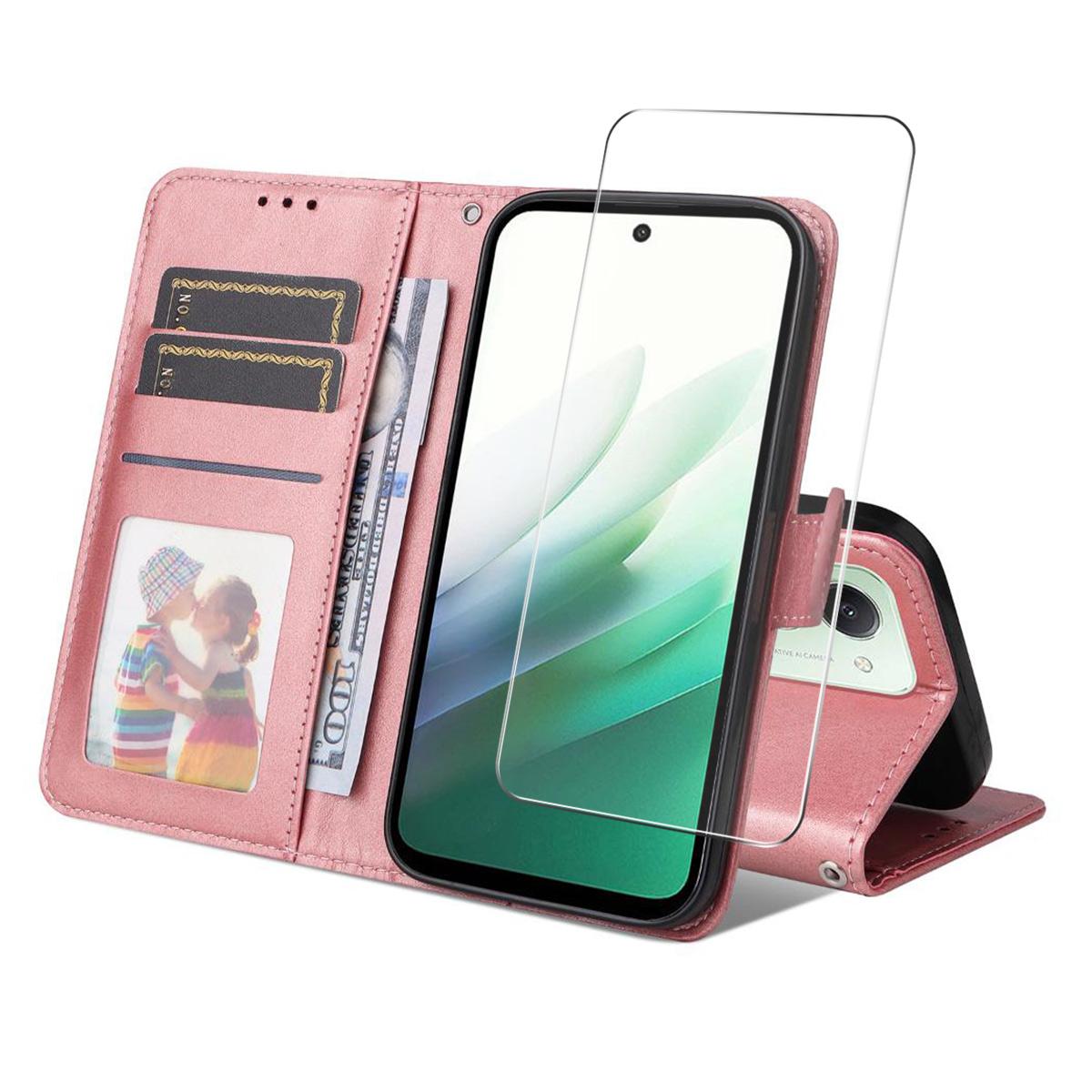 

For Xiaomi Redmi 15 4G PU Leather Wallet Case Phone Stand Cover with Tempered Glass Pink