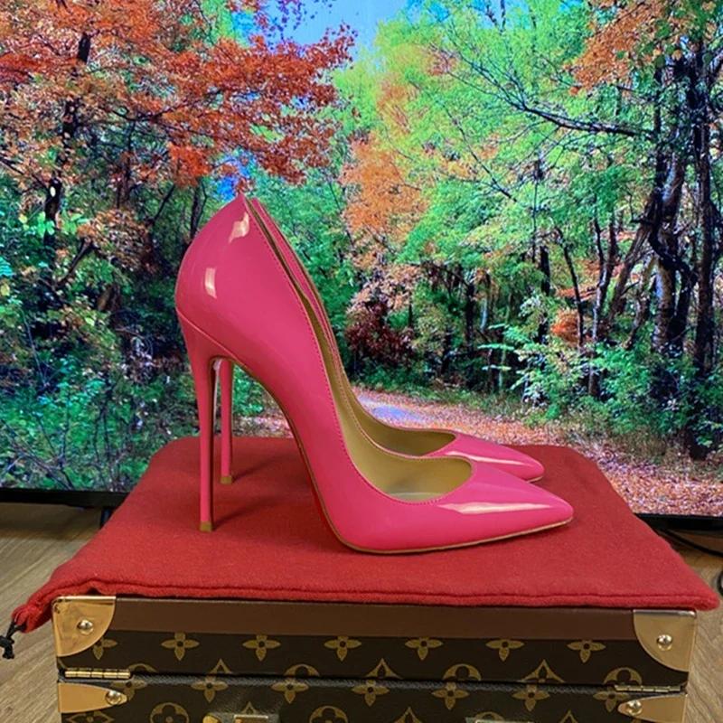 Fashion Multi colored d 12cm super high heels in pink and white patent leather, sexy and fashionable pointed thin single shoes