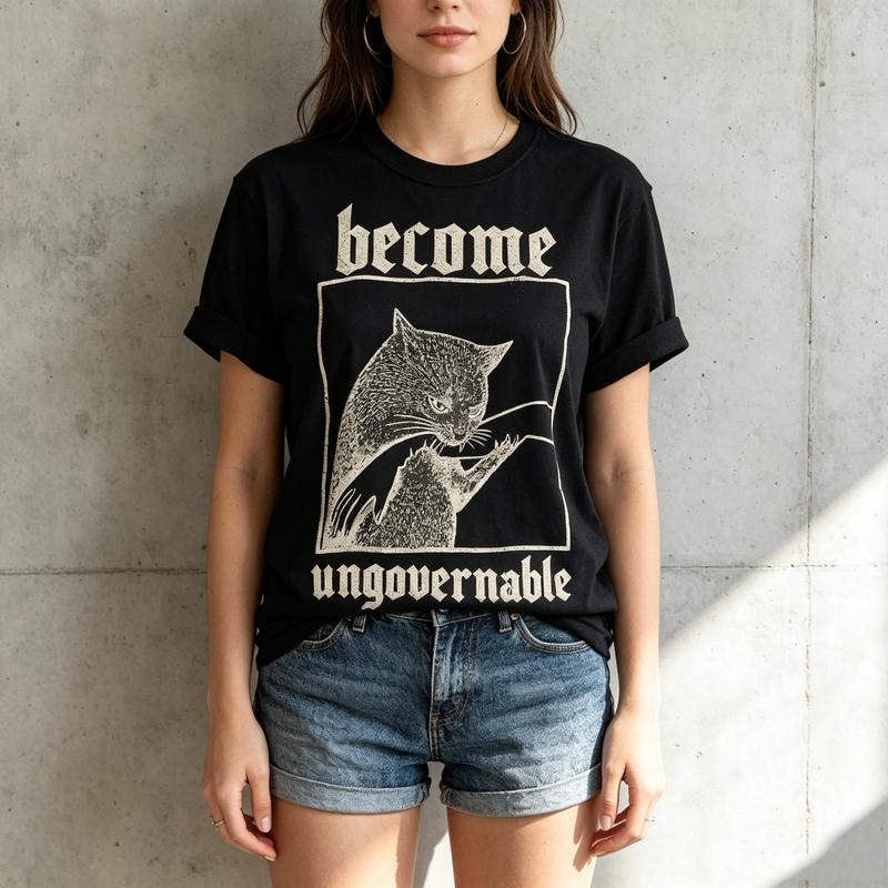 Vintage Black Cat Art Unisex 100 Cotton T Shirt Funny Animal Streetwear Summer Tops Y2k Clothes Oversized Tee
