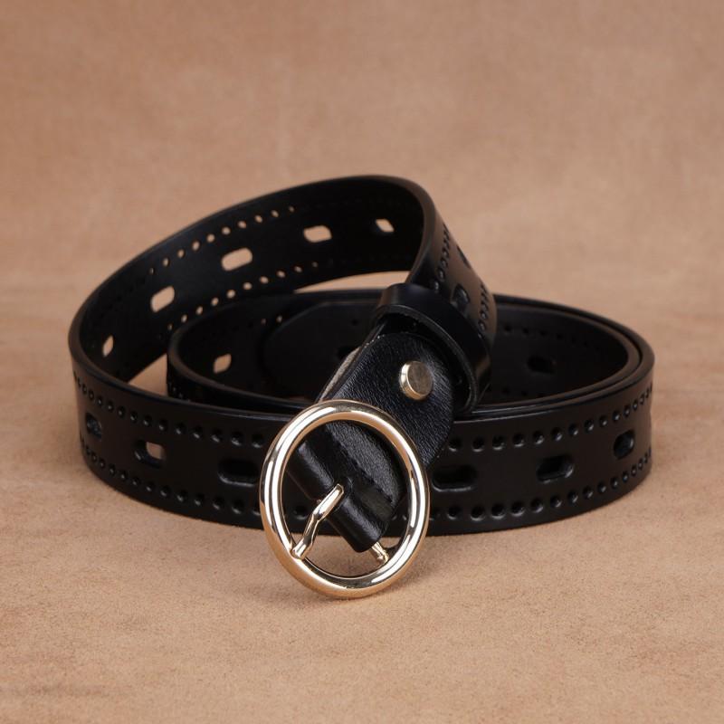 Womens Genuine Leather Belt With Cutout Design Slim Waistband Jeans Black Coffee Color Alloy Buckle 2-4cm Width