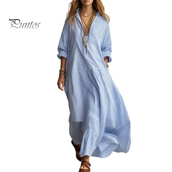 Comfortable Summer Dress Women Striped Long Sleeve Dress, V-Neck Collar Maxi Shirt Elegant for Autumn, Breathable Loose Fit Casual Retro