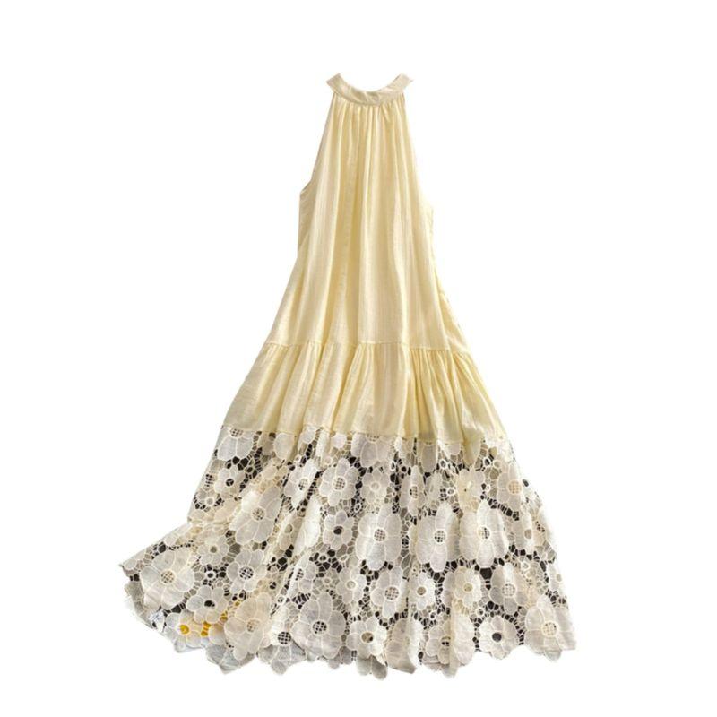 Vacation Style Long Dress Women's French Style Fancy Halterneck Skirt Summer Lace Hollow Dress Gentle A- line Skirt