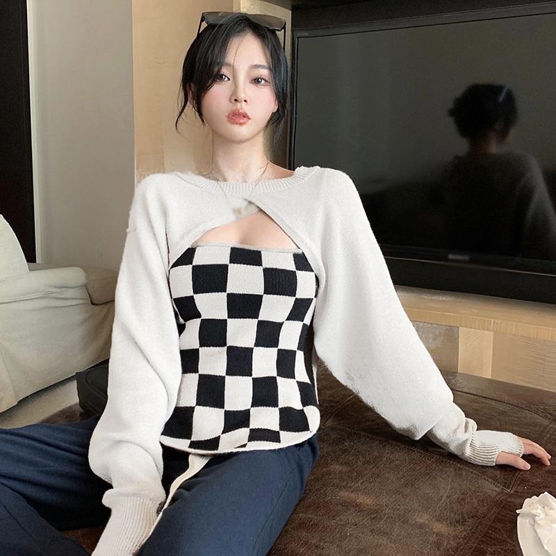 

Женский топ, вязаная майка и блузка с длинными рукавами, пуловеры, комплект из 2 предметов, осенние наряды One Size