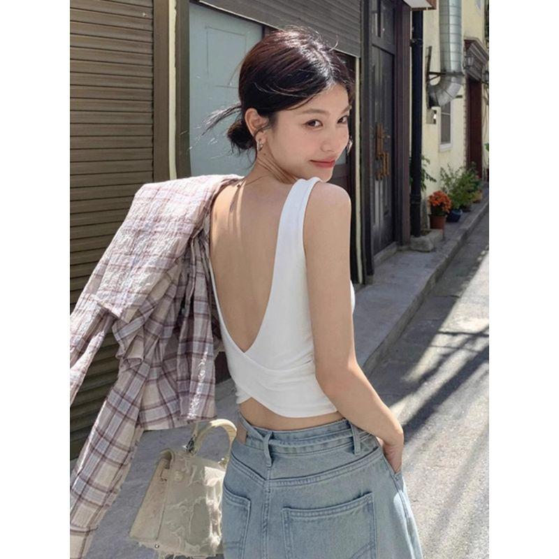 

INS Sexy Open Back Cross Strap Women s Chest Pad Silm Sexy Inner Wear Blouse Summer Outwear Sports Vest White S