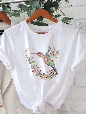 Women's Casual Sleeve Vibrant Hummingbird Floral Round Neck Breathable Women's Harajuku Sleeve Casual T-shirt Clothing Street