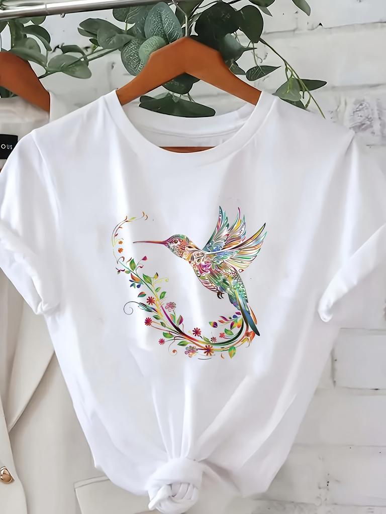 Women's Casual Sleeve Vibrant Hummingbird Floral Round Neck Breathable Women's Harajuku Sleeve Casual T-shirt Clothing Street
