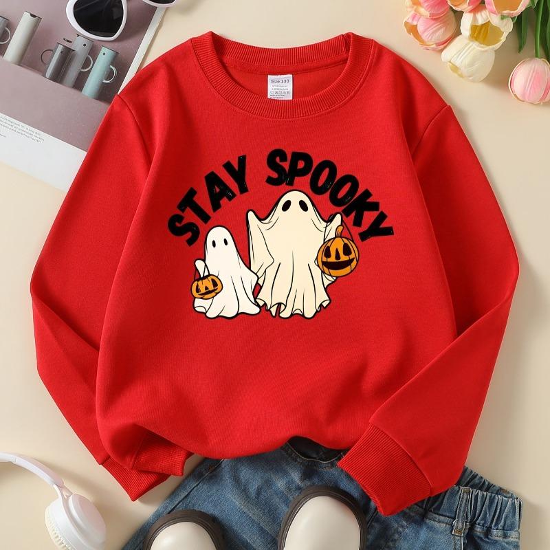 Kids Fall Winter Crew Neck Sweatshirt, Stay Spooky Ghosts Pumpkins Halloween Print