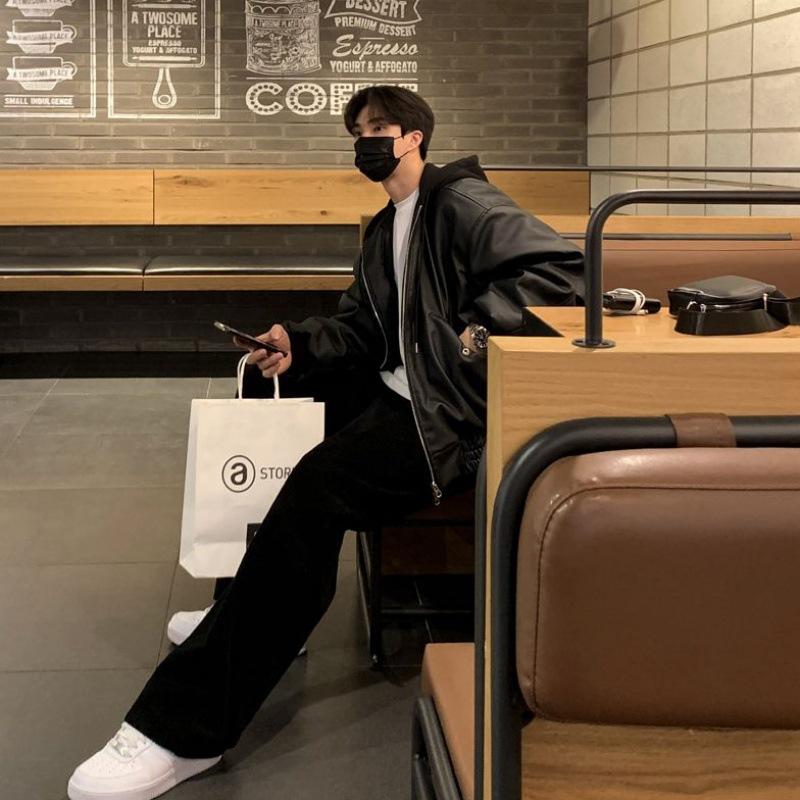 Lederjacke mit Kapuze für Herren, Frühling, neue lockere Oberseite, koreanischer Stil, trendige Lederjacke