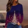 Women's Fashion Casual Slit Hem Round Neck Long Sleeve Loose Printed T-Shirt Ladies Top Christmas