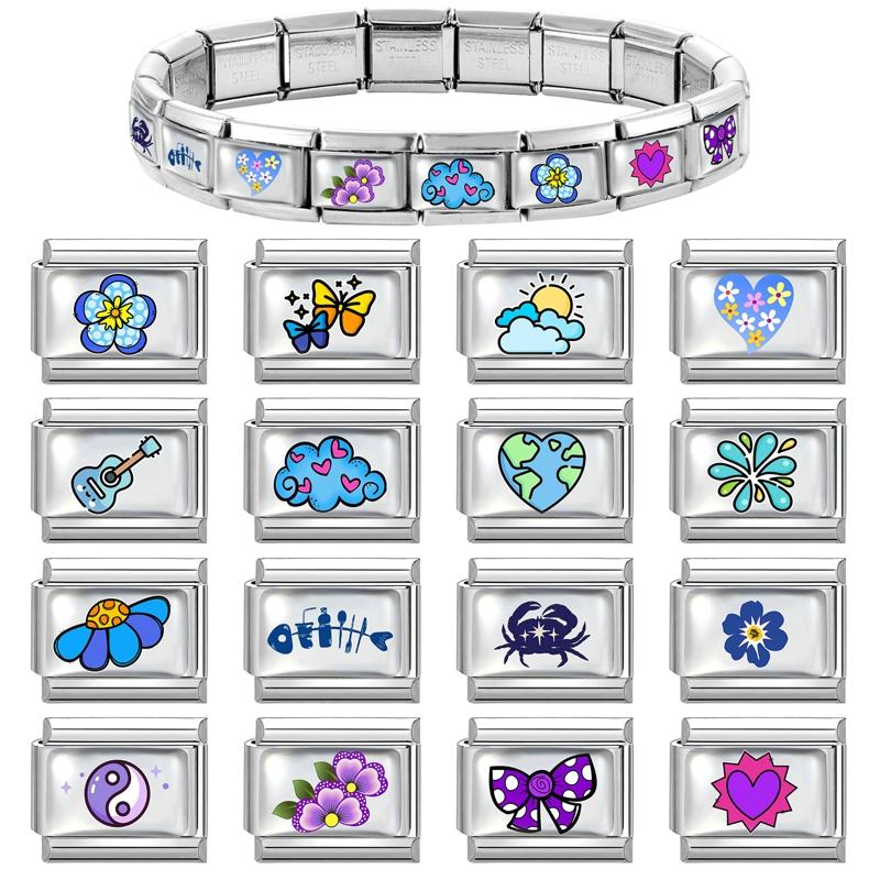 Y2K Dreamy Blue Purple Butterfly Tai Chi Flower Crab Bow Italian Charm Links Fit 9mm Stainless Steel Bracelet DIY Making Jewelry