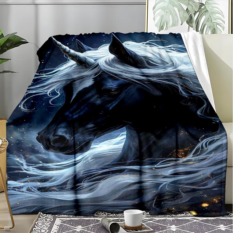 Dark Night Black Unicorn Fleece Blanket, Fantasy Horse Throw