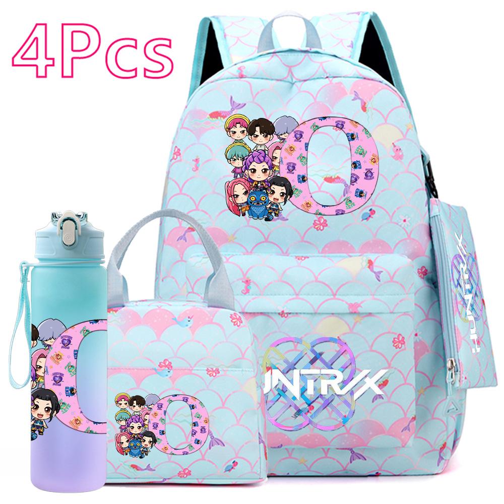 4 st/set 26 engelska bokstäver K-POP Tryckt Ryggsäck med Handväska Pennfodral 750 ml Vattenflaska för Tonåring Elev Pojke Flicka Stor Kapacitet Skolväska