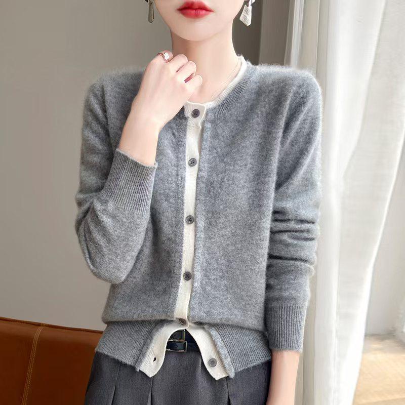 2024 A/W Women's Faux Two-Piece Wool Knit Patchwork Cardigan - Color Block, Loose Fit, Short Stylish Sweater Jacket