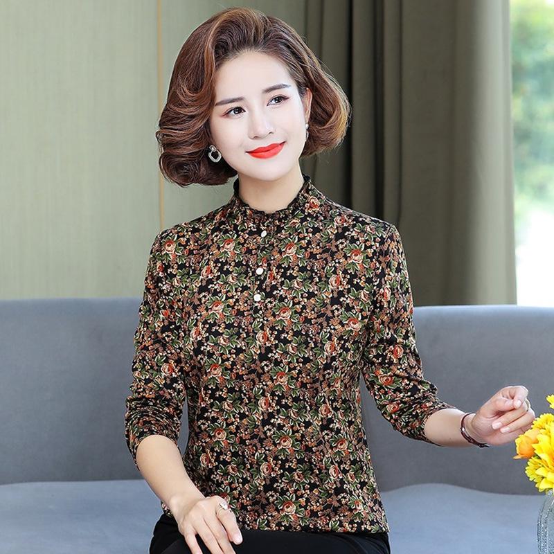 Spring and Autumn Long Sleeve T-shirt for Women New Style Middle-aged Mothers' Large-size Top Printed Half-high Collar and Floral Base Shirt