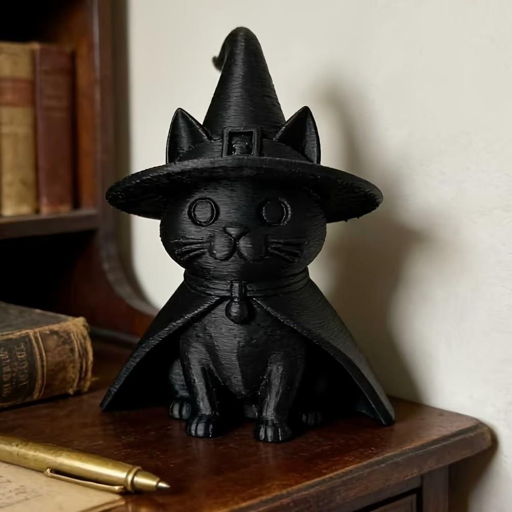 Creative Witch Cat Figurine 3D Printed Black Kitten Statue Desktop Decoration  Home Office Decor