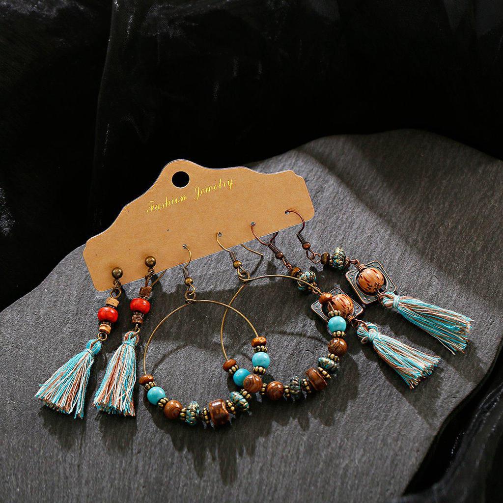 Bohemian Ethnic Retro Earring Set: 3-Piece Hanfu & Nepal Style for Women