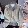 Women Fake Two-Piece Long Sleeve Sweatshirt Gingham Collar Casual Loose Layered Look Top