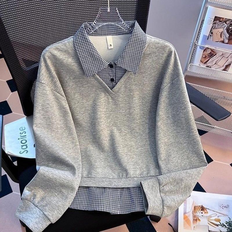 Women Fake Two-Piece Long Sleeve Sweatshirt Gingham Collar Casual Loose Layered Look Top