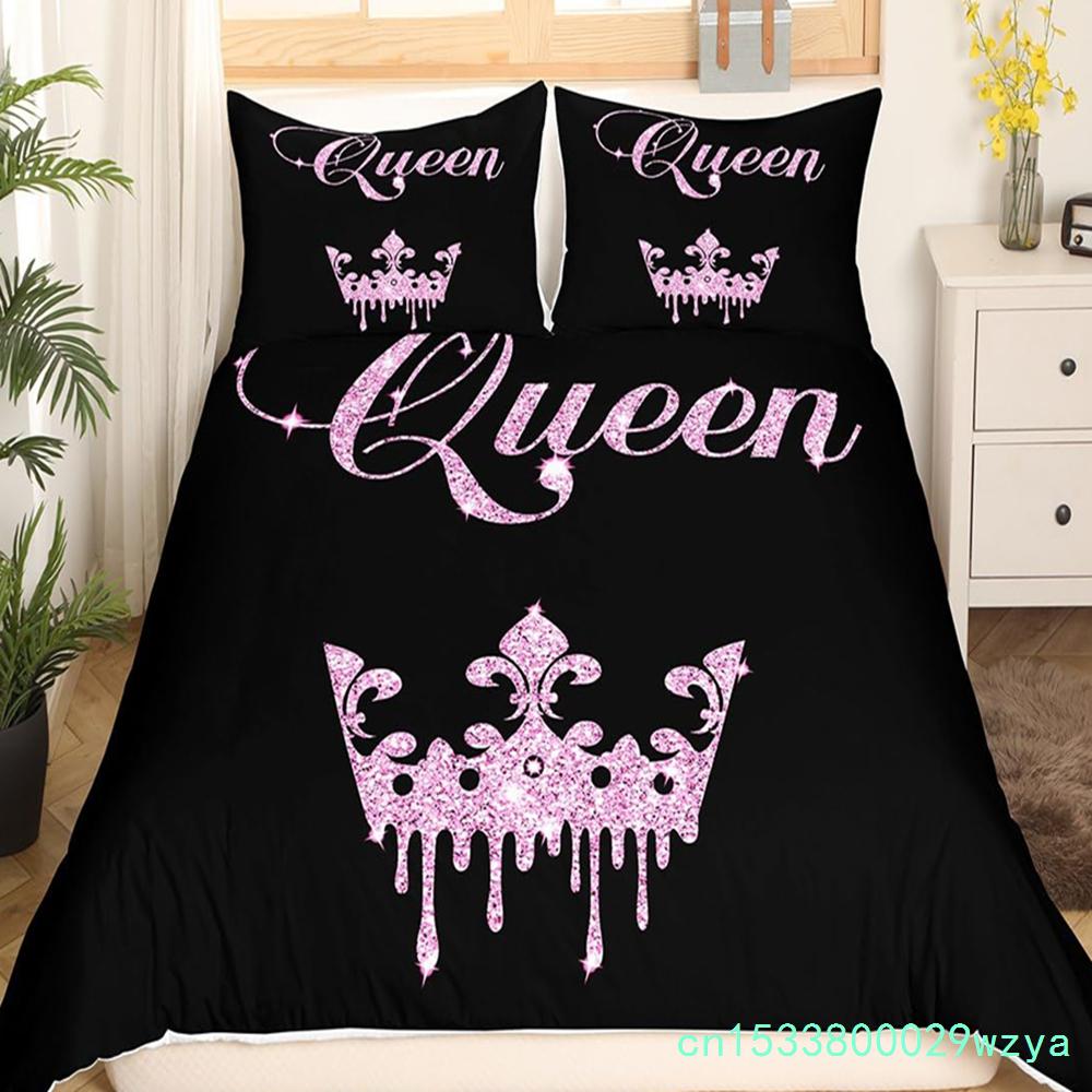 Modern King Crown Nevresim Takımı İkiz Siyah Pembe Yatak Takımı Kadın Yetişkin Çift Yorgan Kılıfı Kızlar Sevgililer Günü Yorgan Kılıfı