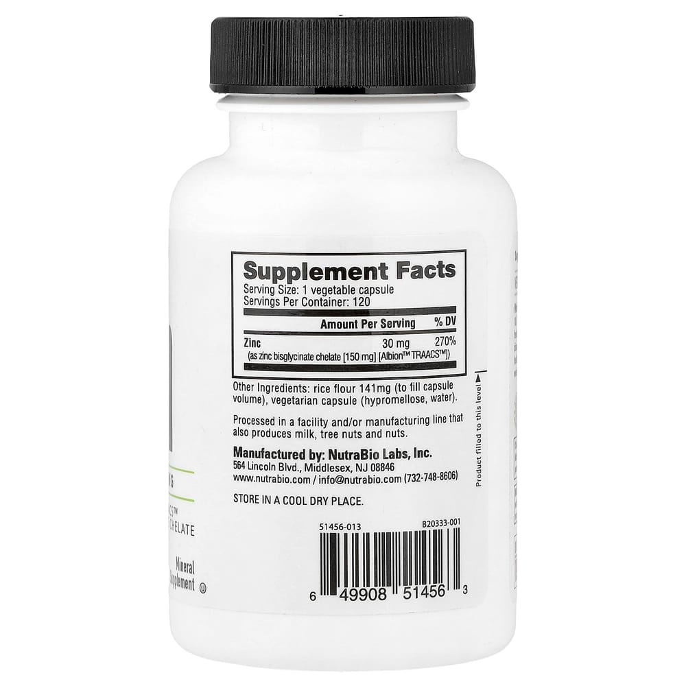 NutraBioLabs Zinc 30mg Capsules, 120 Count