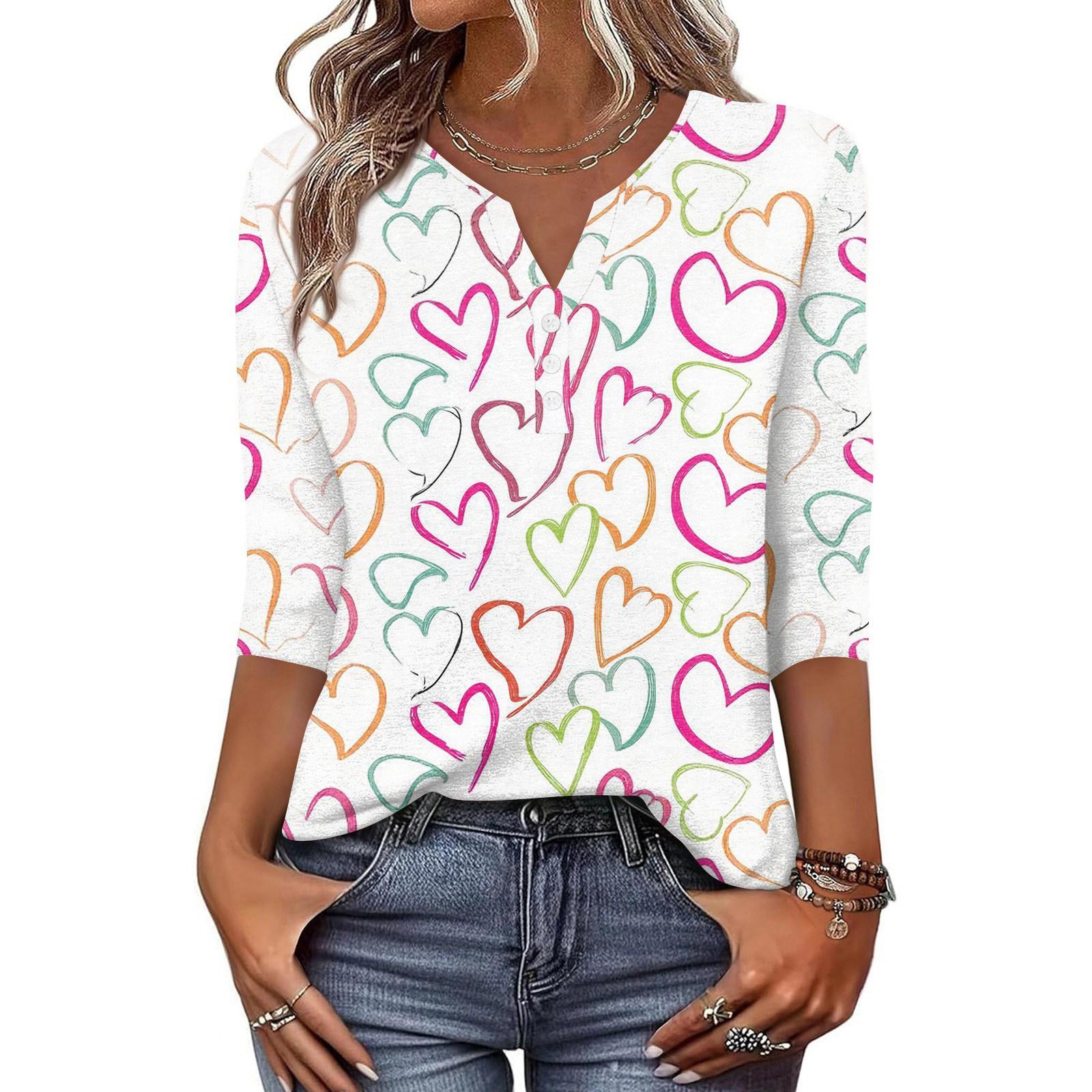 

Жен. Футболка С принтом Пуговицы Рукав 3/4 Повседневные Выходные Мода Классический Классический V-образный вырез Обычный Верх M