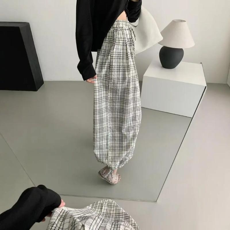 American retro spring and autumn new lazy high street loose graffiti print plaid daily casual wide-leg trousers