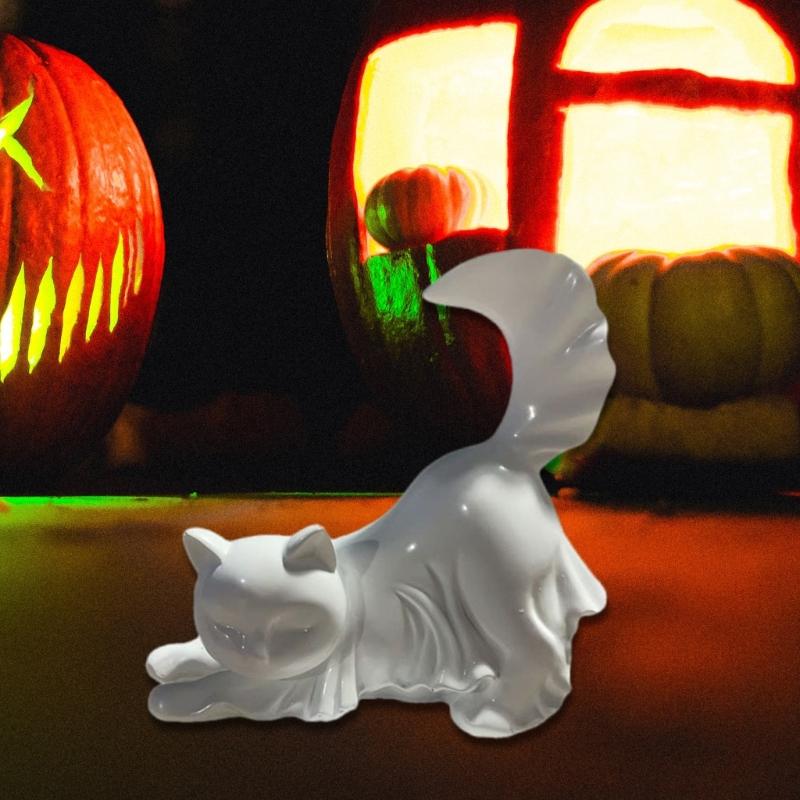 Ghostly Kitten Figurine Halloween Resin Animal Statue Decoration for Holiday Party Centerpieces Indoor and Outdoor Use