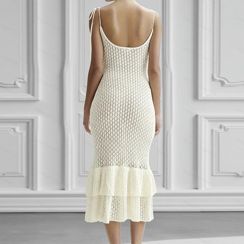 Summer Knitted Halter Dress, Cut-out Beach Vacation Dress, Lotus Leaf Lace Long Dress, Women's Smock, Body-hugging Dress