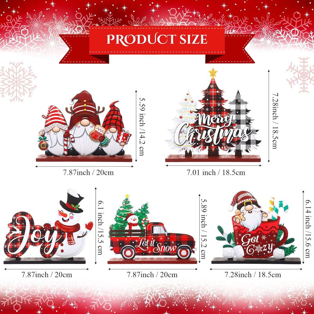 Huwena 5 Pcs Christmas Table Decorations Wooden Xmas Table Centerpiece Signs Joy Snowman Gnomes Table Signs Buffalo Plaid Christmas Decors for Winter