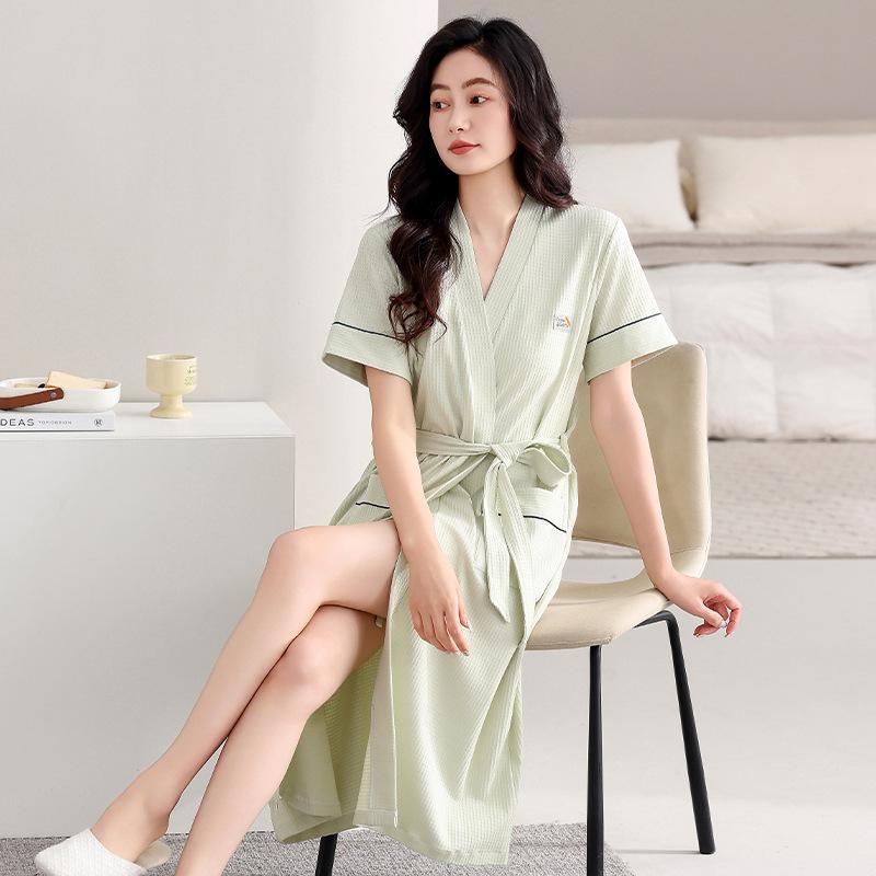 nightgown women's summer cotton short-sleeved bathrobe pajamas thin summer large size long one-piece bathrobe loungewear