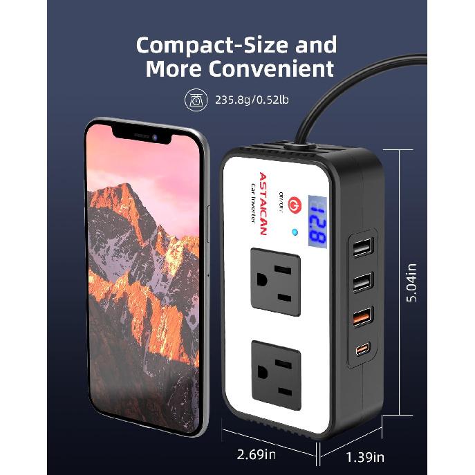 200W Car Power Inverter, DC 12V To 110V AC Car Plug Adapter With 20W USB-C & 18W USB-A Dual AC Outlet, PD/QC Fast Car Charger For Laptop, Vehicles,