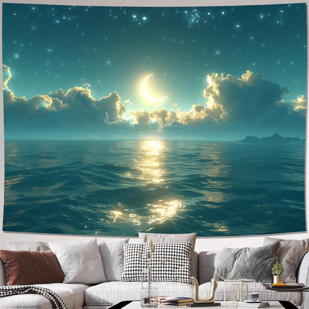 Ocean Moon Star Tapestry 2D Digital Print Polyester Wall Hanging Living Room Bedroom Office Decor with Hooks