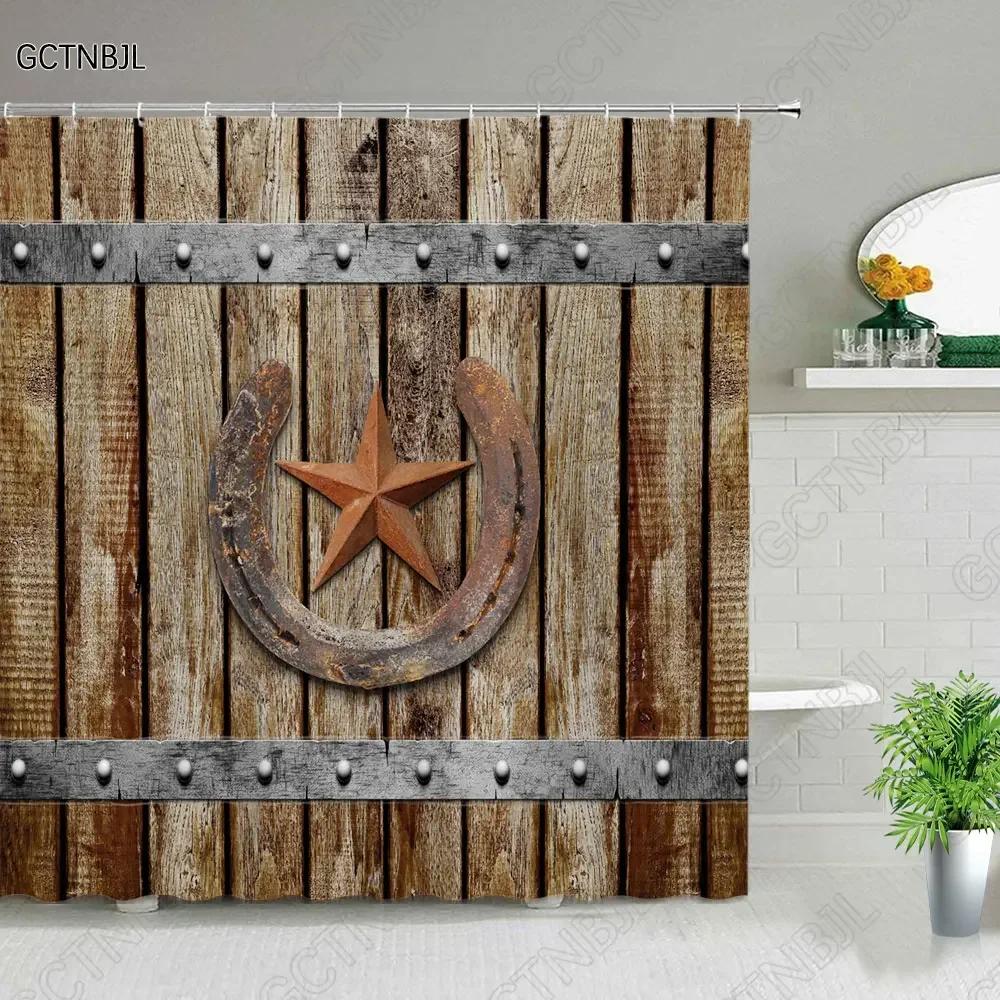 Retro Wood Doors Shower Curtain Set Rustic Old Vintage Barn Door Fabric Bathroom Curtains Farmhouse Bath Decor Bath Screens Hook