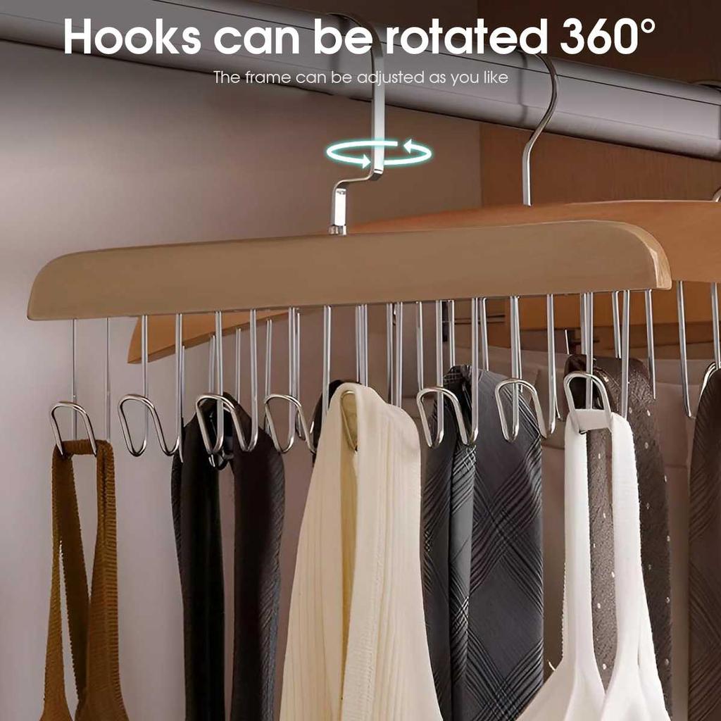 8-hook Multifunctional Wooden Hanger Storage Space-saving Rotating Display Rack Suitable for Ties, Underwear, Vests, Scarves