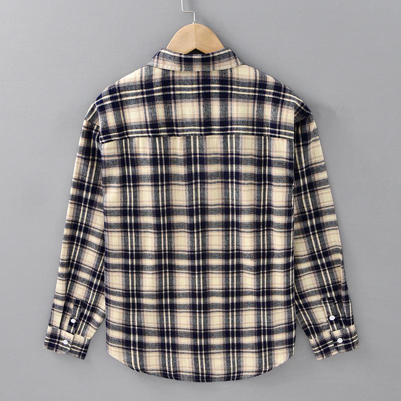 Spring Plaid Long-sleeved Shirt Men Casual Loose Japanese Retro Young Man Wearing A Fur Shirt