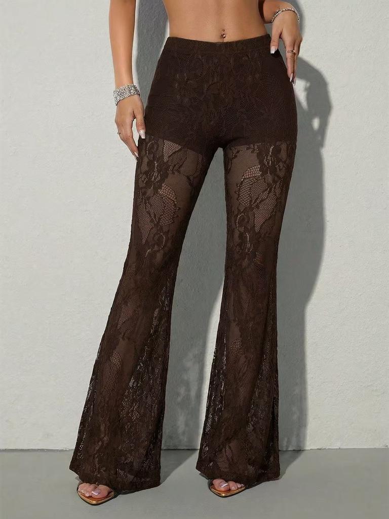 Women High Waist Lace Flare Pants Sexy Sheer See‑Through Slim Fit Long Trousers