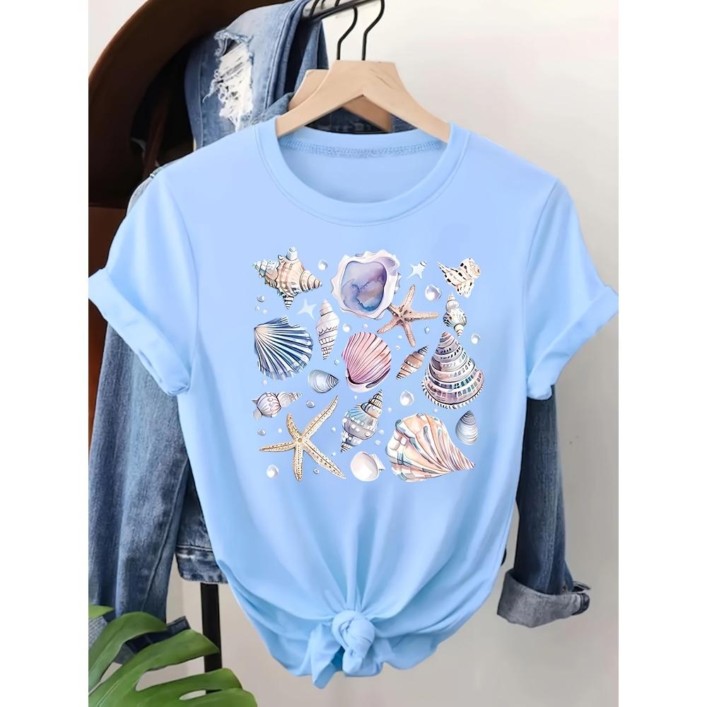 

Женская футболка с ракушками и морскими звездами - Графика в прибрежном стиле, Повседневный светло-голубой топ M