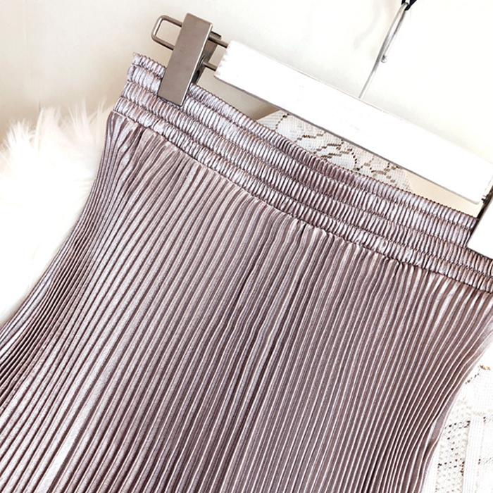 Women Reflective Bright Satin Long Skirt with Solid Color Pleated A-Line Skirts for Fall