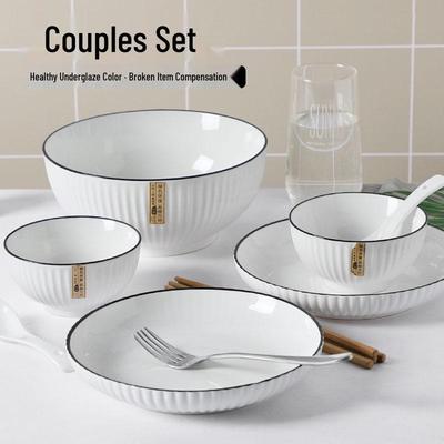 Tableware Set: Creative Ceramic Bowl & Plate Combination for Household Use, Microwave Safe.