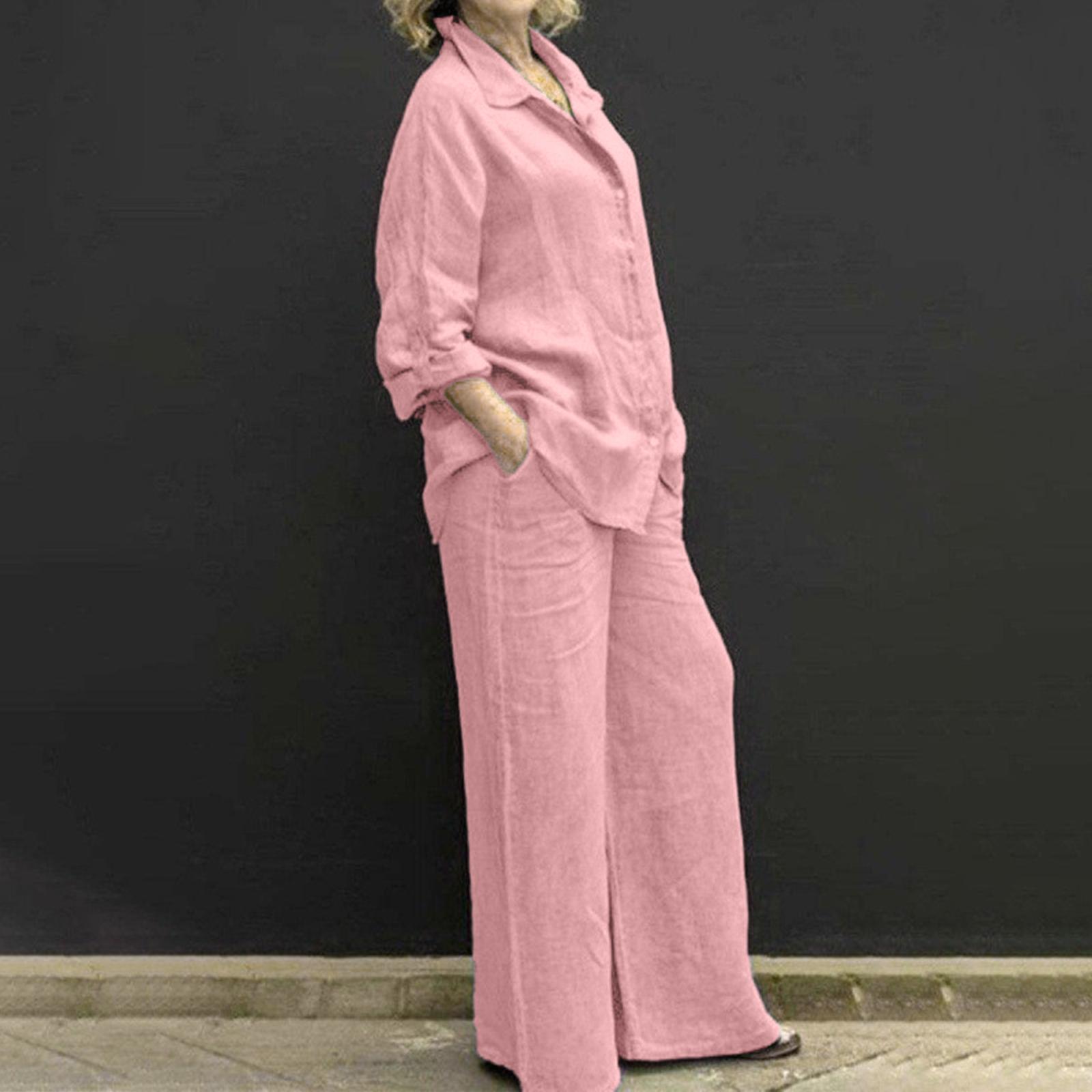 

Women s Casual Long Sleeve Button Front Cardigan Shirt and Wide Leg Pants Set Loose Fit Two Piece Outfit Suitable for Daily Wear M розовый