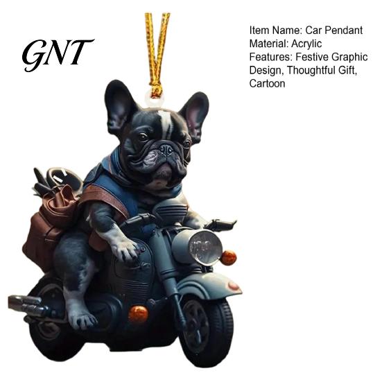 Christmas Party Hanging Decoration Puppy Riding Motorcycle Car Pendant, 2D Flat Acrylic Rearview Winter Holiday Decor Mirror Charm, Decoration,
