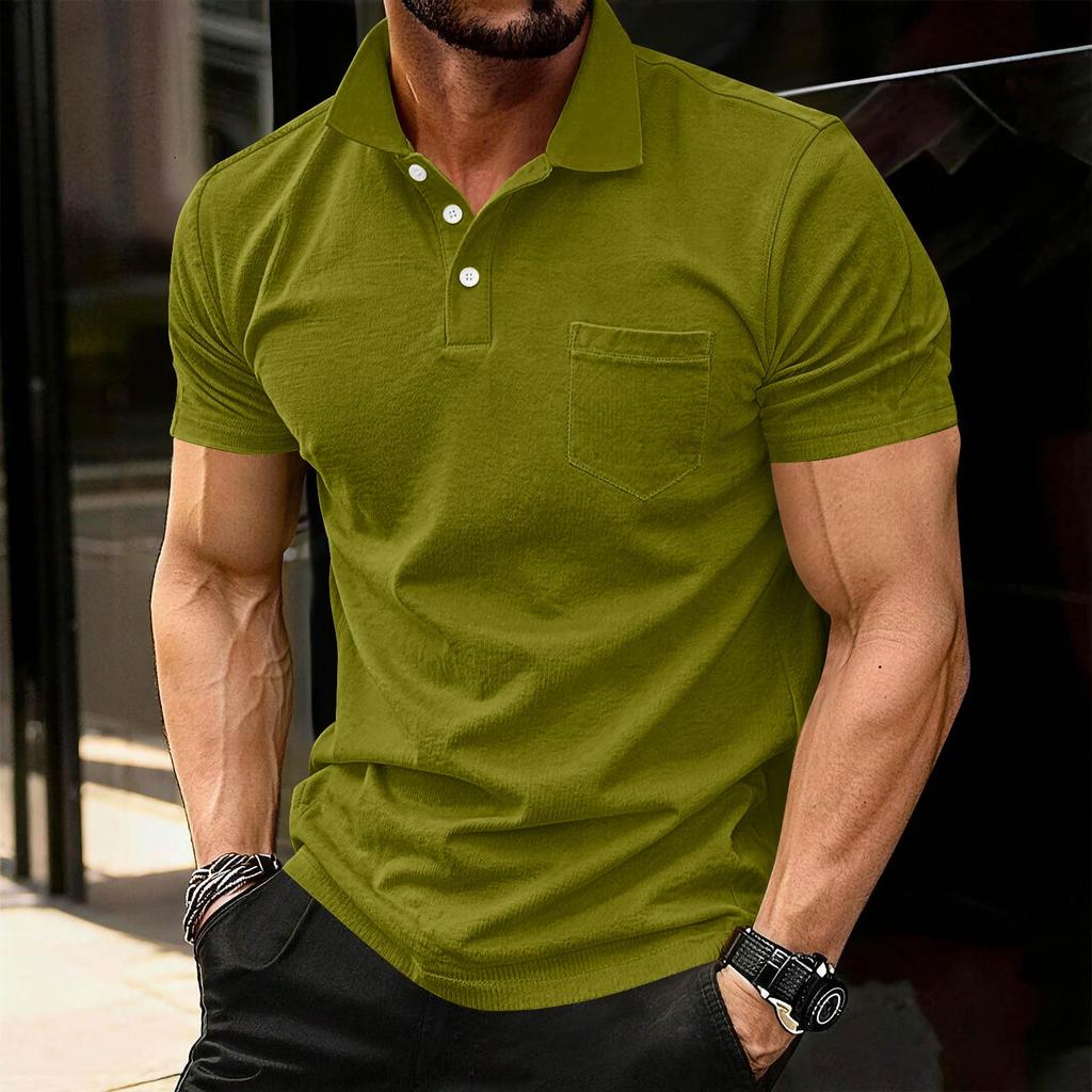 Men’s Short Sleeve Polo Shirt with Chest Pocket Classic Fit Soft Cotton Collared Top for Casual or